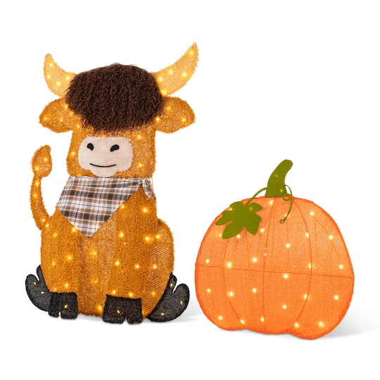 Glitzhome® S/2 2.5D Lighted Fall Pumpkin & Highland Cow Outdoor Decor with 130 Warm White LED Lights | 26.25" x 2.25" x 38.25" | Michaels®